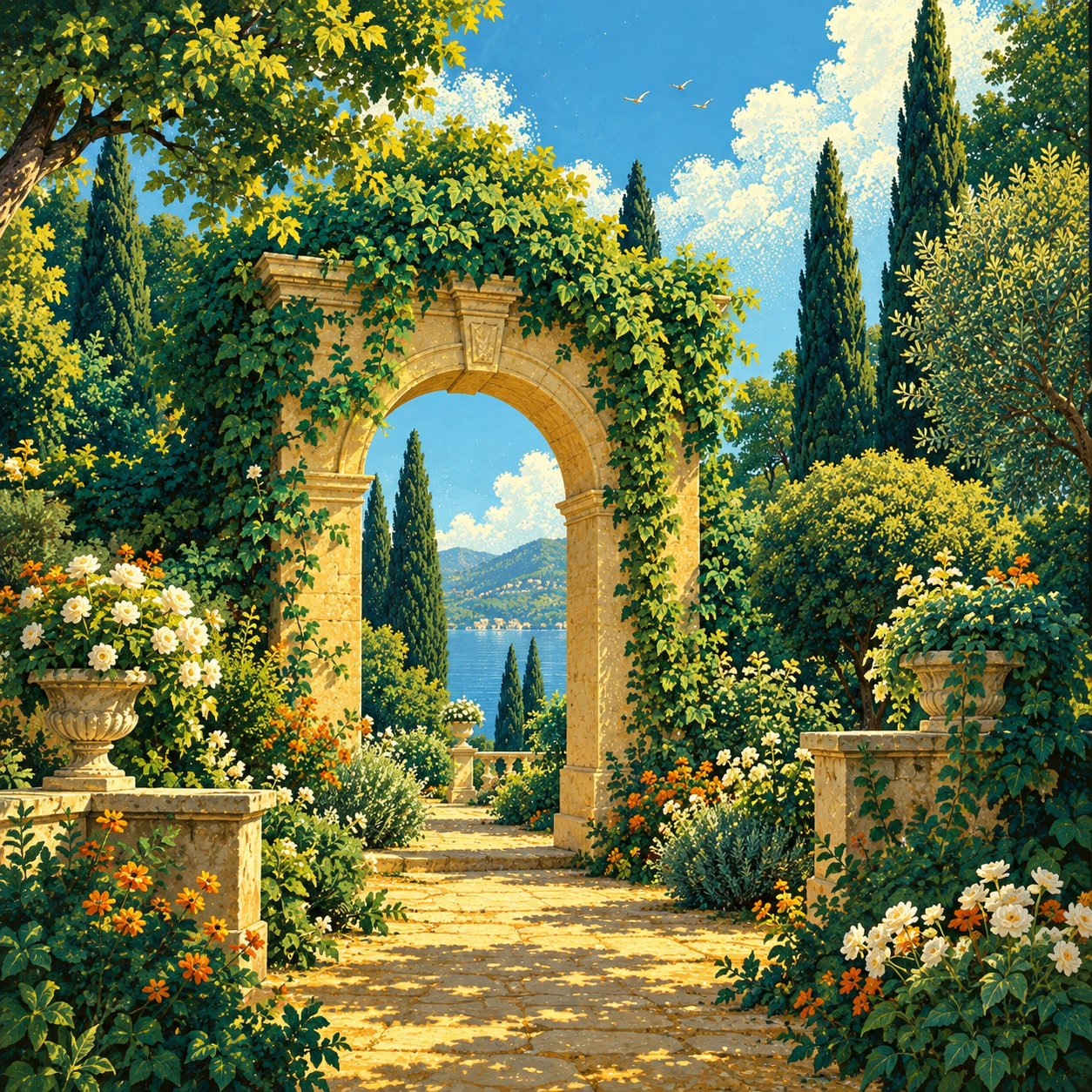 A sunlit, ivy-covered arch opening onto a lake.